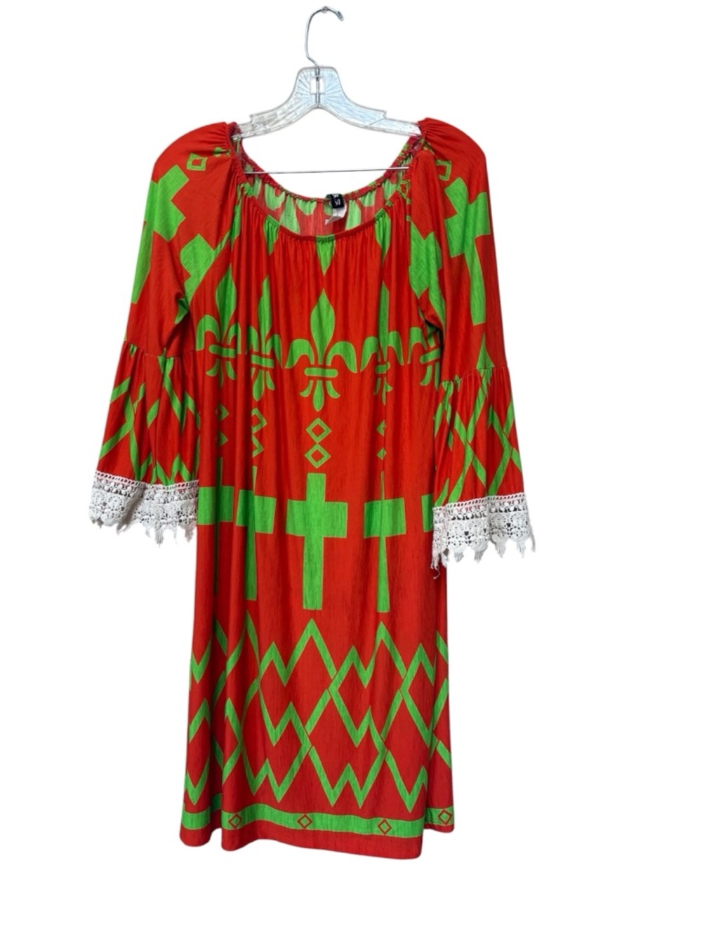 R Rouge XL Red Green Boho Peasant Dress 70s Folk Lace Maximalist